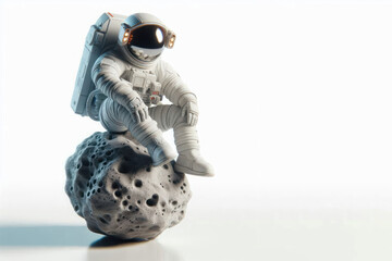 An astronaut sitting on a meteorite. Space for text.