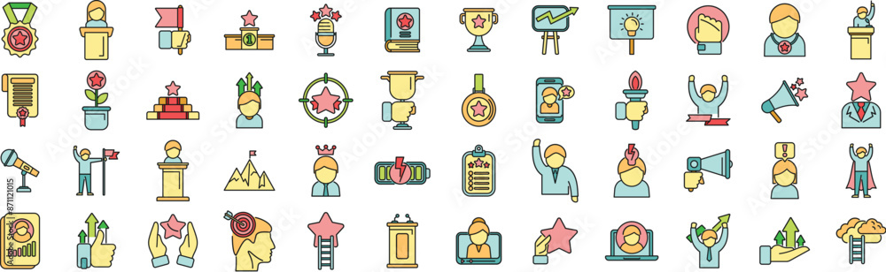 Poster motivational speaker icons set outline vector. human seminar. speech orator thin line color flat on 