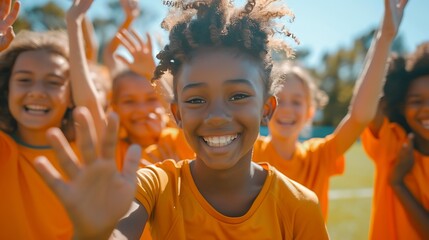 A diverse group of young athletes, from elementary to high school age, celebrate a victory on a sunny soccer field. Energetic smiles and high fives showcase the joy of youth sports.