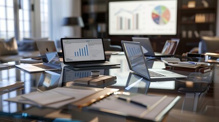 Contemporary office meeting room with a sleek glass table, laptops open, notebooks, pens, and financial reports scattered around, with a projector displaying a business presentation.