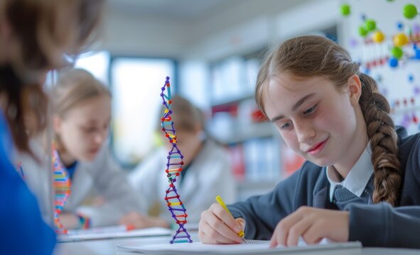 Teenage student in school uniform studying DNA model in a science class