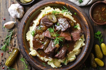 Braised beef heart with mashed potatoes and pickles placed sideways