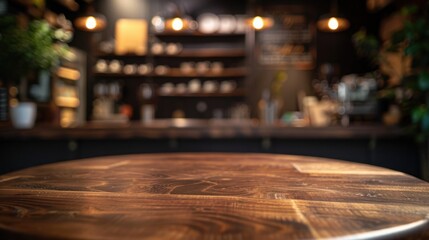 Obraz premium Ideal for product or text display, round wooden tabletop counter with a defocused coffee shop background. Empty round wood tabletop counter