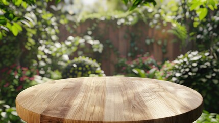 Fototapeta premium Garden setting with a soft focus and empty round wood tabletop counter, perfect for food or drinks presentation. Empty round wood tabletop counter