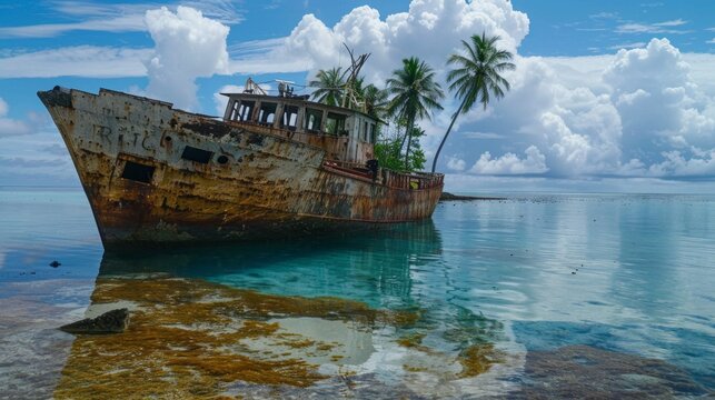 A weathered ship lies half-submerged in the crystal-clear waters of Micronesia, surrounded by palm trees and a backdrop of fluffy clouds