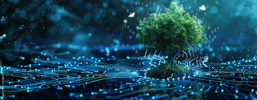 Poster futuristic tree growing on circuit board representing technology and nature connection