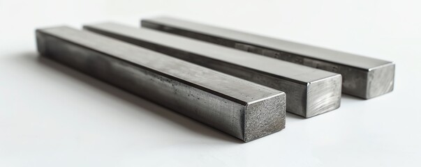 Assortment of square titanium bars isolated on white, showcasing their strength and sleek appearance, suitable for aerospace and high-tech industry themes