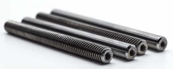 Assortment of threaded titanium bars isolated on white, showcasing their strength and precise threading, suitable for aerospace and high-tech industry themes