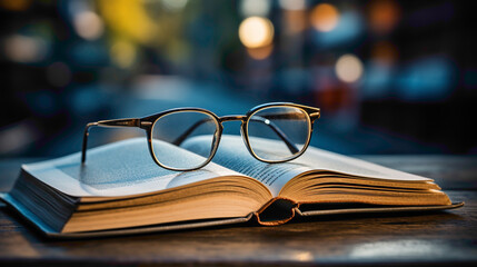 A pair of eyeglasses placed on an open book, showcasing a study environment with a mix of academic...