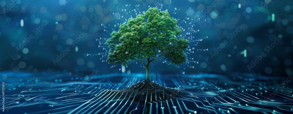 Poster tech tree over circuit board symbolizing digital growth and innovation