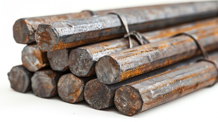 Bundle of spring steel bars stacked together on a white background, emphasizing the raw, rugged texture and industrial feel, suitable for construction and engineering visuals