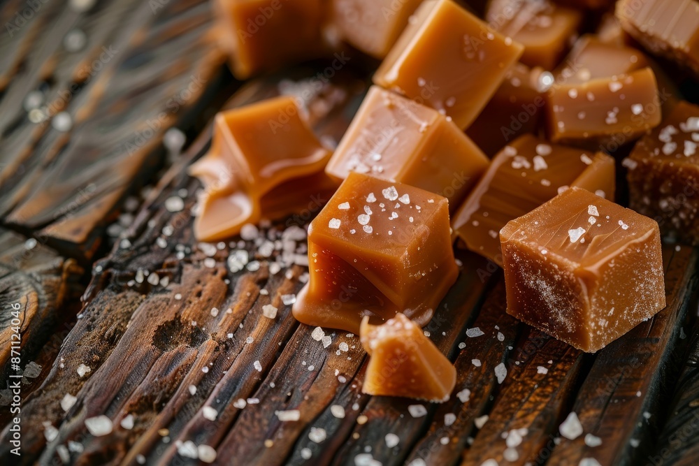 Wall mural caramel candy pieces with salt on a table