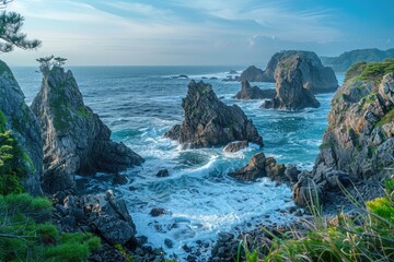 Breathtaking Rugged Coastline with Towering Rock Formations and Crashing Waves During Golden Hour