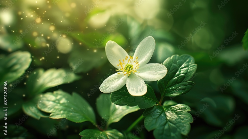 Wall mural mini white flower with yellow pollen in sunlight among green plants ecology theme cover