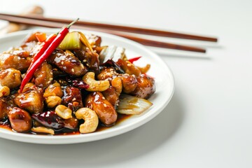 Chef prepared kong bao chicken or pork with dried chilli onion soy sauce and cashews on a white plate for Asian cuisine