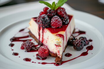 Cheesecake with berries and mint sauce