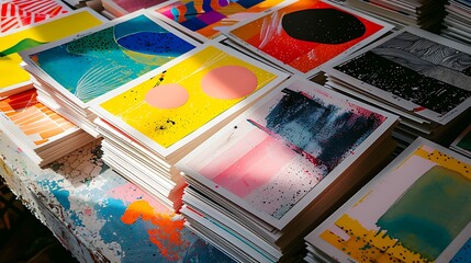 A flatlay composition featuring various risograph prints stacked on a textured surface, showcasing the diversity of design styles achievable with risograph