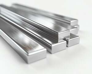 High-detail image of chrome flat bars laid out on a white background, focusing on their sleek, reflective surfaces, perfect for modern industrial and automotive visuals