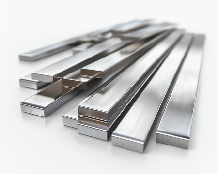High-detail image of chrome flat bars laid out on a white background, focusing on their sleek, reflective surfaces, perfect for modern industrial and automotive visuals