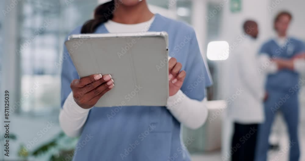 Poster Woman, hands and nurse on tablet for medicine research in clinic, app and planning for treatment. Female person, online consulting and networking contact for hospital, healthcare and medical support