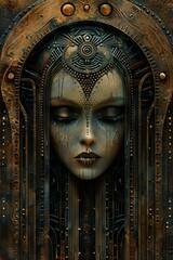 metallic carved relief of a female alien