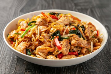 Chicken and rice noodle stir fry with gravy sauce