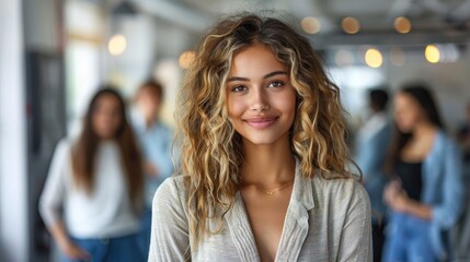 An expressive young woman with curly hair smiles at the camera while standing amid a busy indoor environment, showing confidence and approachability in a modern setting.