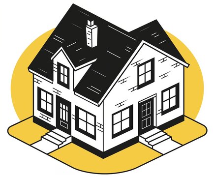 recommend clip art: A minimalist black and white illustration of a house with a yellow background accent. The drawing features a classic two-story home with a pitched roof, chimney, front door, and windows.