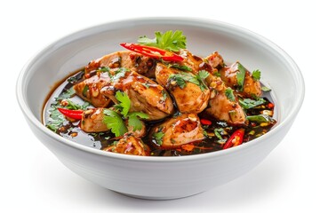 Fototapeta premium Chicken with black pepper sauce in a white bowl separate
