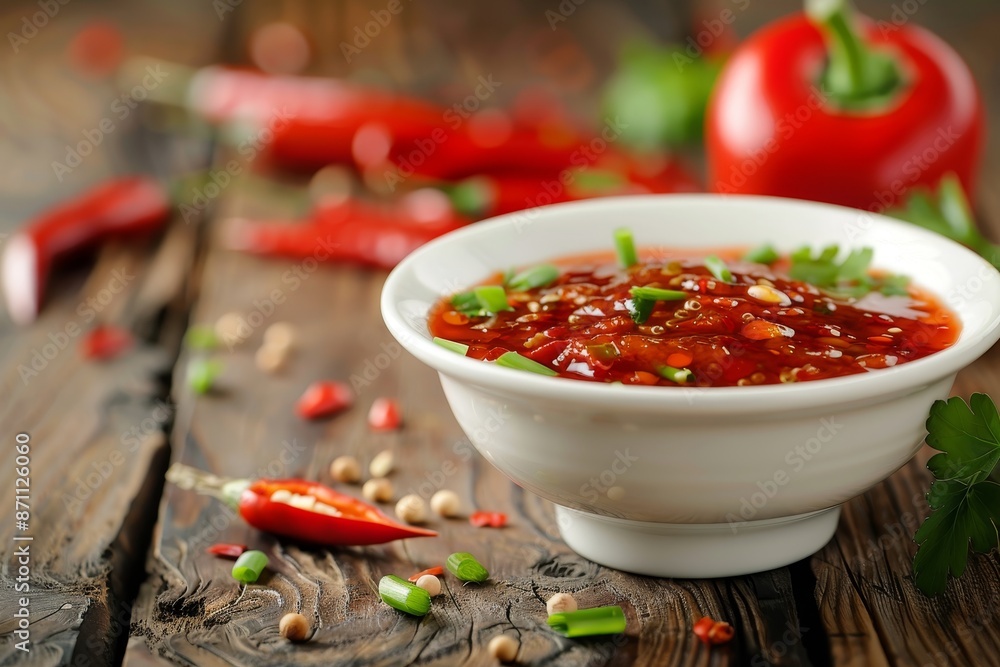 Wall mural chilli sauce in white cup on wooden table