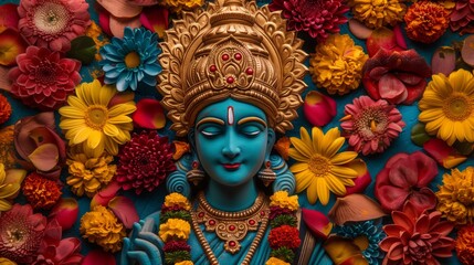 Closeup of a deity surrounded by colorful flower petals