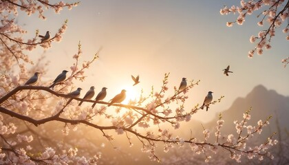 Fototapeta premium Flock of birds are singing happily on the branches of a tree with spring flower blossoms and sun light , spring season elegent background