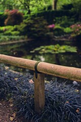 Serene garden with a wooden fence overlooking a tranquil pond surrounded by lush greenery.