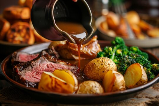 Classic British roast beef dinner with Yorkshire pudding roast potatoes broccoli and gravy
