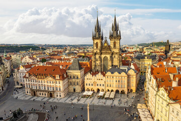 Aerial view of Old Town Square, a historic square in the Old Town quarter of Prague, Czech Republic with the Church of the Mother of God before Týn