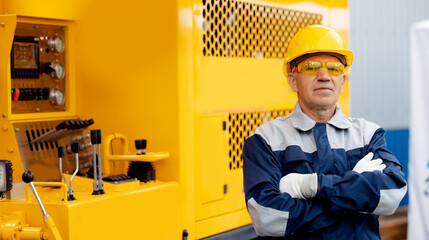Happy driver man of industrial dump truck sits in cab and works on construction building site. © Parilov