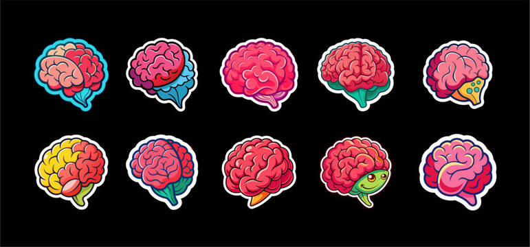Brain cartoon character sticker set, illustration of a background, brain emoji isolated on black background.