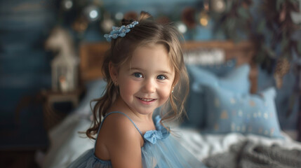 Fototapeta premium A little girl in a pretty blue dress smiles for the camera in her bedroom.