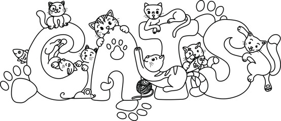 Naklejka premium Cats lettering phrase, black and white vector graphics, with different cat doodles. Design T-shirts and print lettering. Cat claws