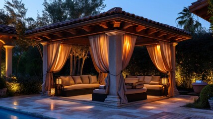 Evening Relaxation in a Backyard Pergola With a Pool and Patio
