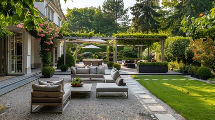 Obraz premium Modern Outdoor Living Space With Patio Furniture and Greenery