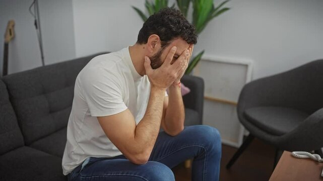 Middle age hispanic man wearing white t shirt with sad expression covering face with hands while crying. depression concept. at home
