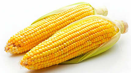 Two fresh corn cobs with golden kernels on a white backdrop.