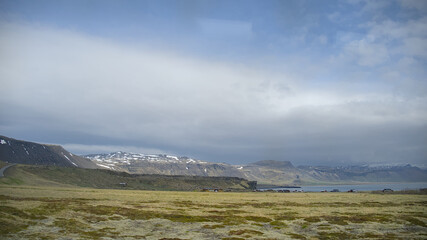 Icelandic landscape with mountains, fjord and clouds. Snaefellsnaes peninsula