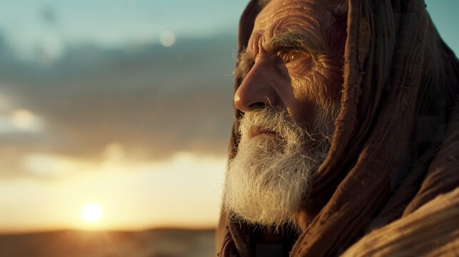 Visual representation of Abraham in the desert at dusk. Abraham at 99 years old receiving a message from God in the light of the setting sun.