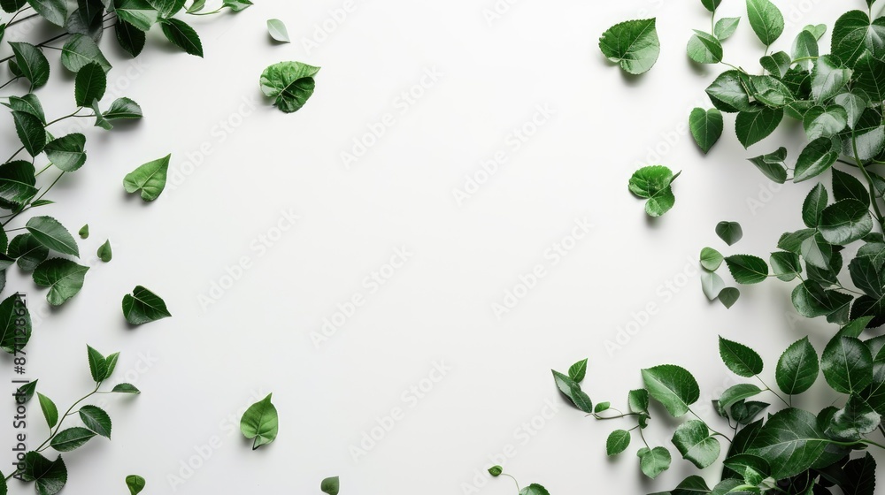 Wall mural Natural white background with green leaves presenting an eco friendly concept