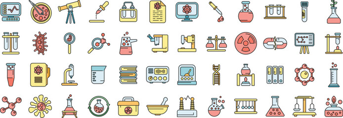 Naklejka premium Laboratory research icons set outline vector. Science dna. Medicine microscope thin line color flat on white
