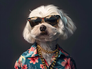 Photorealistic, miami vice style, Maltese dog, sunglasses, floral shirt, gold chain A cute white maltese dog in summer outdoors