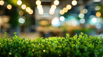 Obraz premium Green plant backdrop in shopping mall coffee shop with blurred light effects