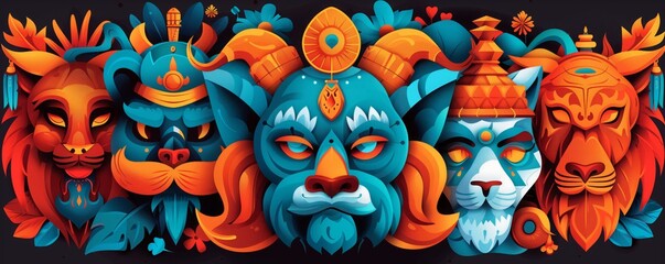 Fototapeta premium A digital illustration featuring colorful animalistic deities